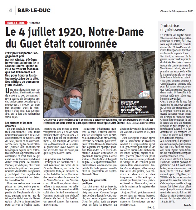 Le 4 juillet 1920, Notre-Dame du Guet était couronnée à Bar-Le-Duc (lire l’article Est Républicain du 20 sept 2020)