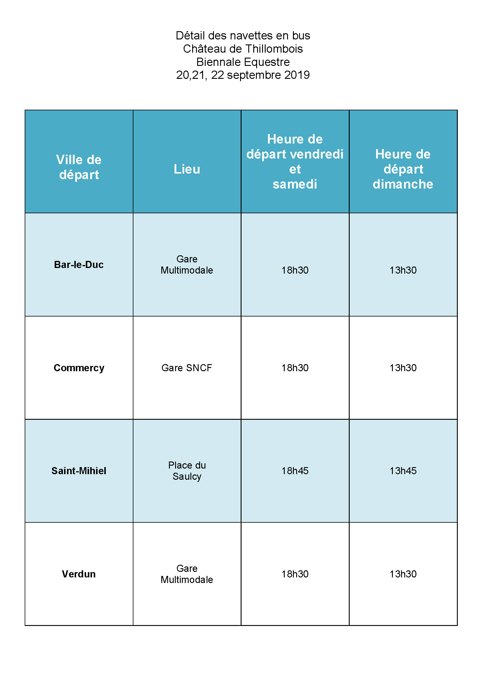 Détail des horaires, lieux, navettes en bus biennale équestre château de Thillombois 20 21 et 22 septembre 2019